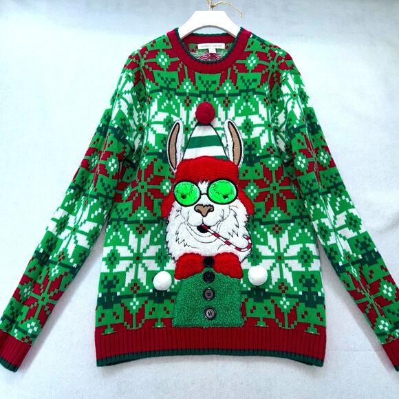 EUC Men’s Llama Ugly Christmas Sweater size Small Candy Cane Pom-Pom Hat - Picture 1 of 3